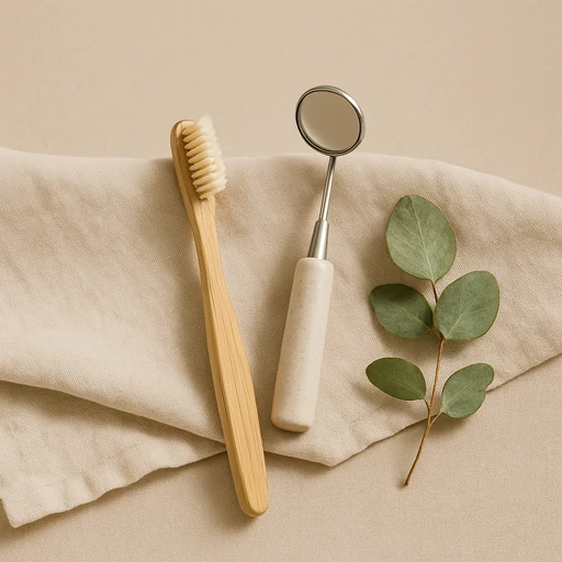 Dental check-up tools with bamboo toothbrush and eucalyptus