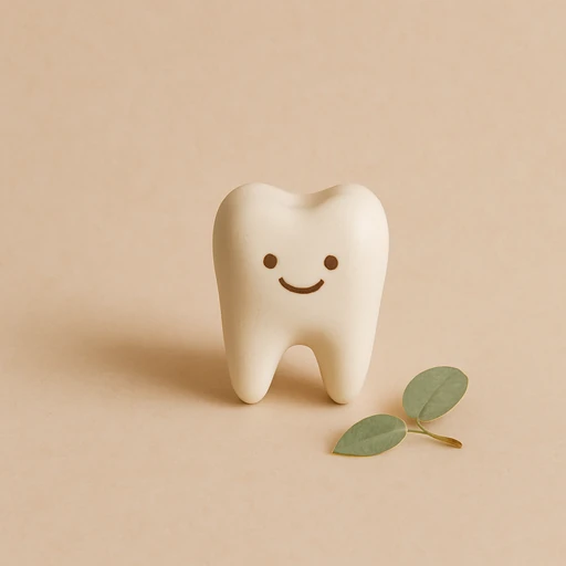 Cartoon tooth with smiley face and eucalyptus leaves