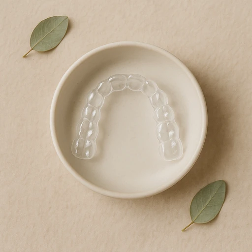 Clear dental aligner with eucalyptus leaves and ceramic dish