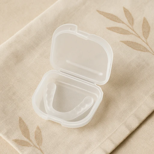 Clear mouth guard in white case with embroidered fabric