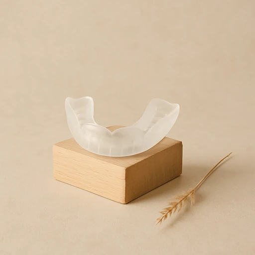 Clear mouthguard on wooden block with dry grass