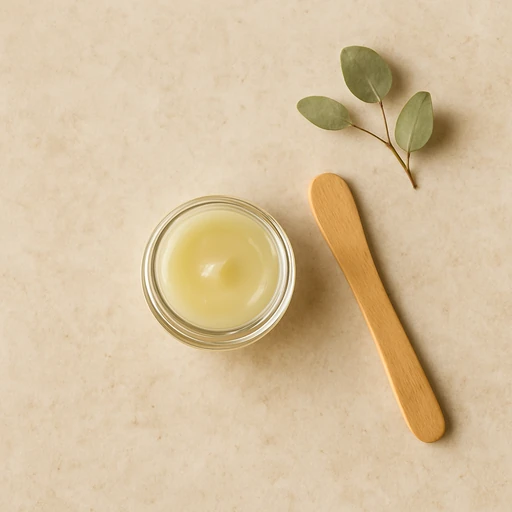 Glass jar of balm with wooden spatula and eucalyptus