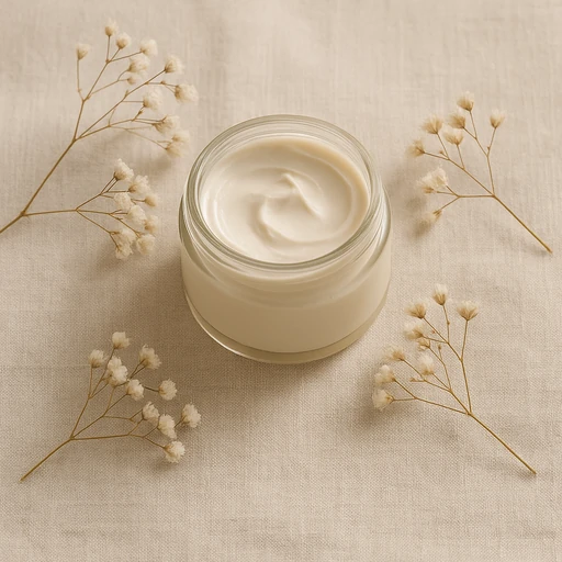 Glass jar of white cream with dried baby's breath flowers