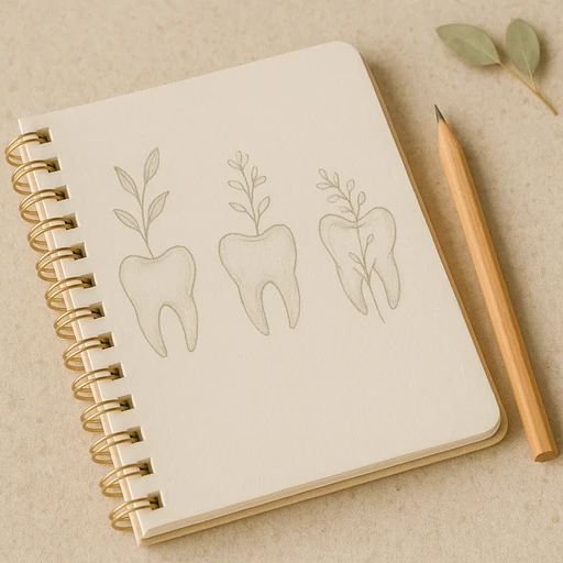Sketch of teeth with plants, notebook and pencil with eucalyptus
